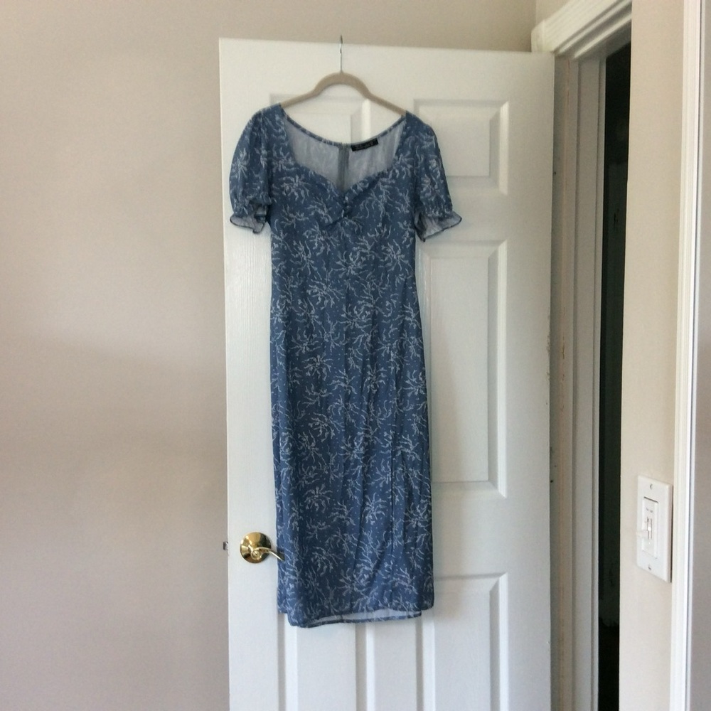 Simple Blue Puff Sleeve Sheath Dress